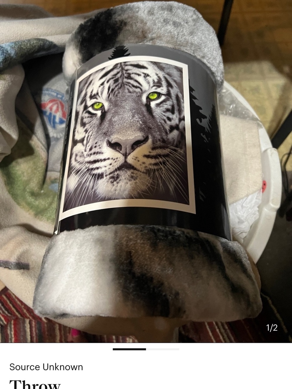 White Tiger Print Plush Throw Blanket - Black, White, Gray